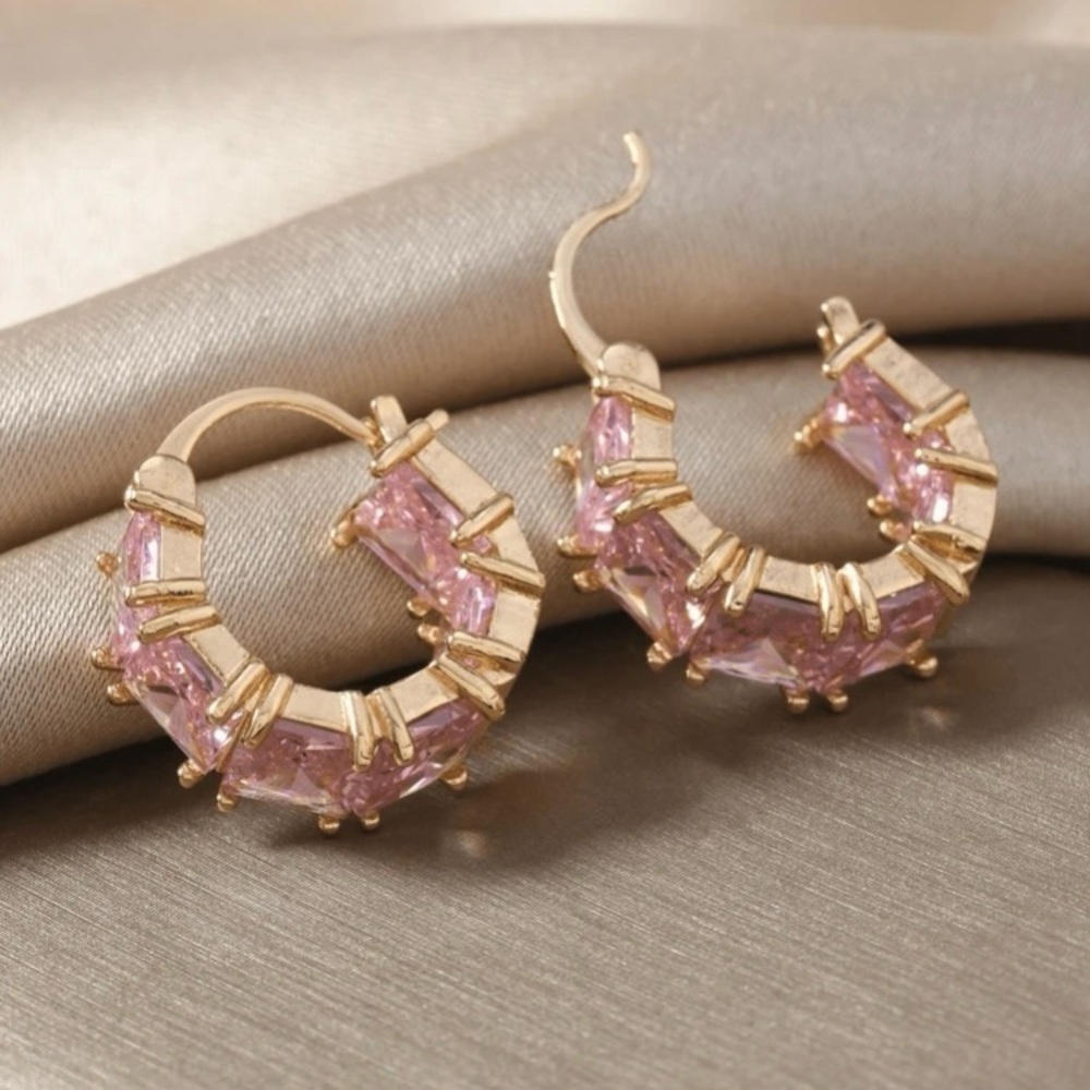 Pink Rhinestone Hoop Earrings - Picture 3 of 5